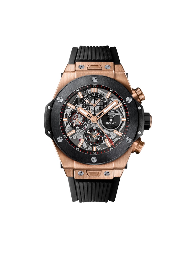 2.Big Bang Chrono Perpetual Calendar 萬年曆腕錶。

首次發佈的萬年曆腕錶以宇舶錶自主研發製造的UNICO機芯為基礎，配備兩種複雜功能：計時功能和月相顯示。鏤空機芯外觀與Aero Bang系列相同，覆炭灰色釕塗層、緞面拋光處理鋼元素及微噴砂主機板和錶橋。為便於佩戴者清楚讀數，重新設計透過共用一個計數器簡單讀取。Big Bang萬年曆計時腕錶擁有獨特的兩種指針：白色指針為萬年曆指針，另一個飾有紅色箭頭的為計時碼錶指針。萬年曆功能以指標方式顯示。星期顯示位於6點鐘位置，月份與閏年顯示位於9點鐘位置，日期則位於12點位置。位於3點鐘方向的月相顯示則以圓形視窗單獨呈現。Big Bang 萬年曆計時腕錶直徑45毫米，現有King Gold（宇舶錶獨創 18K 金，完美融合玫瑰金與鉑金）和鈦金屬兩個版本。