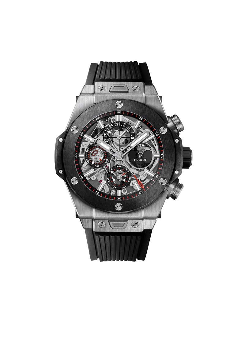 2.Big Bang Chrono Perpetual Calendar 萬年曆腕錶。

首次發佈的萬年曆腕錶以宇舶錶自主研發製造的UNICO機芯為基礎，配備兩種複雜功能：計時功能和月相顯示。鏤空機芯外觀與Aero Bang系列相同，覆炭灰色釕塗層、緞面拋光處理鋼元素及微噴砂主機板和錶橋。為便於佩戴者清楚讀數，重新設計透過共用一個計數器簡單讀取。Big Bang萬年曆計時腕錶擁有獨特的兩種指針：白色指針為萬年曆指針，另一個飾有紅色箭頭的為計時碼錶指針。萬年曆功能以指標方式顯示。星期顯示位於6點鐘位置，月份與閏年顯示位於9點鐘位置，日期則位於12點位置。位於3點鐘方向的月相顯示則以圓形視窗單獨呈現。Big Bang 萬年曆計時腕錶直徑45毫米，現有King Gold（宇舶錶獨創 18K 金，完美融合玫瑰金與鉑金）和鈦金屬兩個版本。