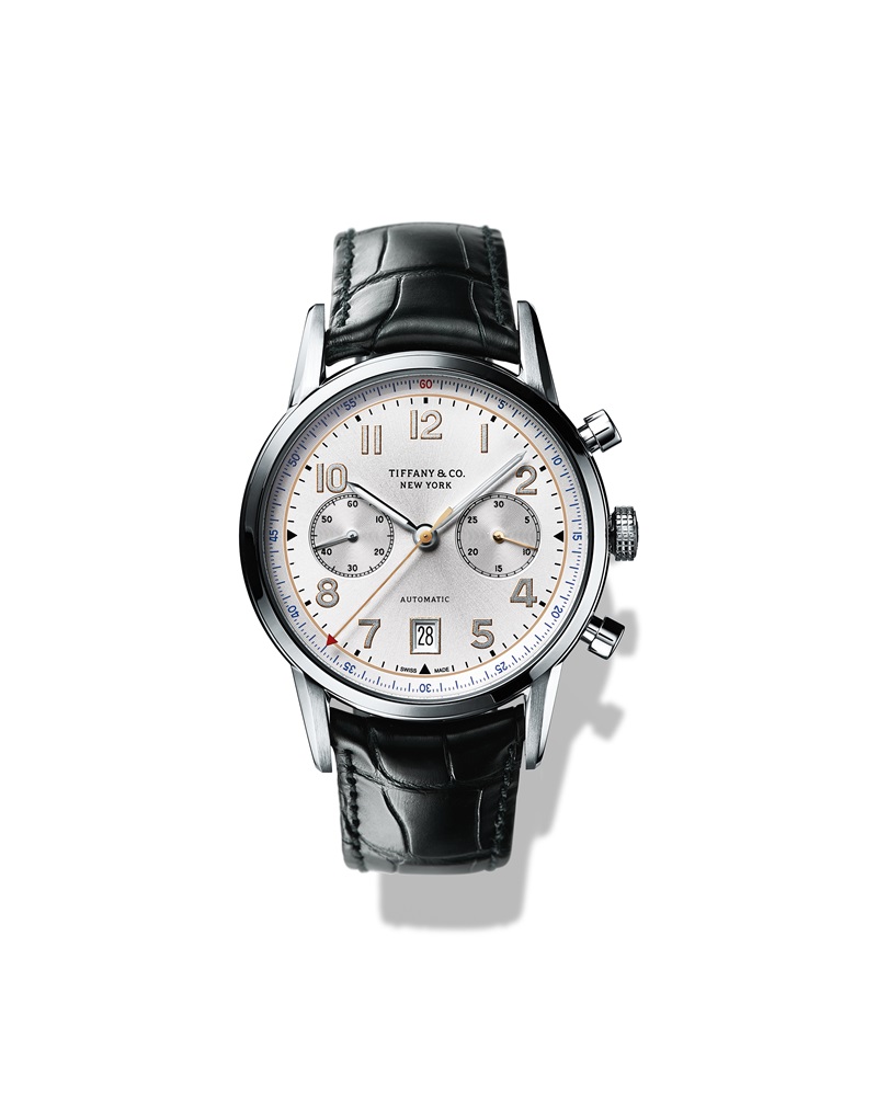 Tiffany - CT60自動計時碼錶，自動上鍊機芯，白色太陽紋理錶盤，直徑42mm，搭配黑色鱷魚皮錶帶。NT$236,000