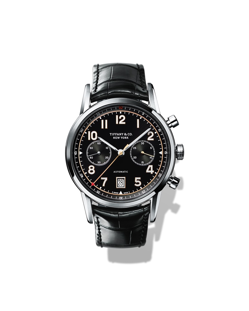 Tiffany - CT60自動計時碼錶，自動上鍊機芯，黑色太陽紋理錶盤，直徑42mm，搭配黑色鱷魚皮錶帶。NT$236,000