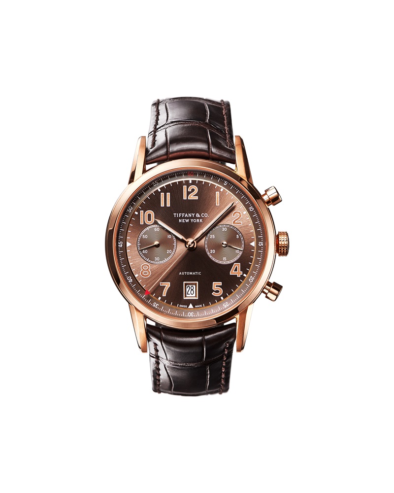 Tiffany - CT60自動計時碼錶，18K玫瑰金，自動上鍊機芯，褐色錶盤，直徑42mm，搭配褐色鱷魚皮錶帶。NT$525,000
