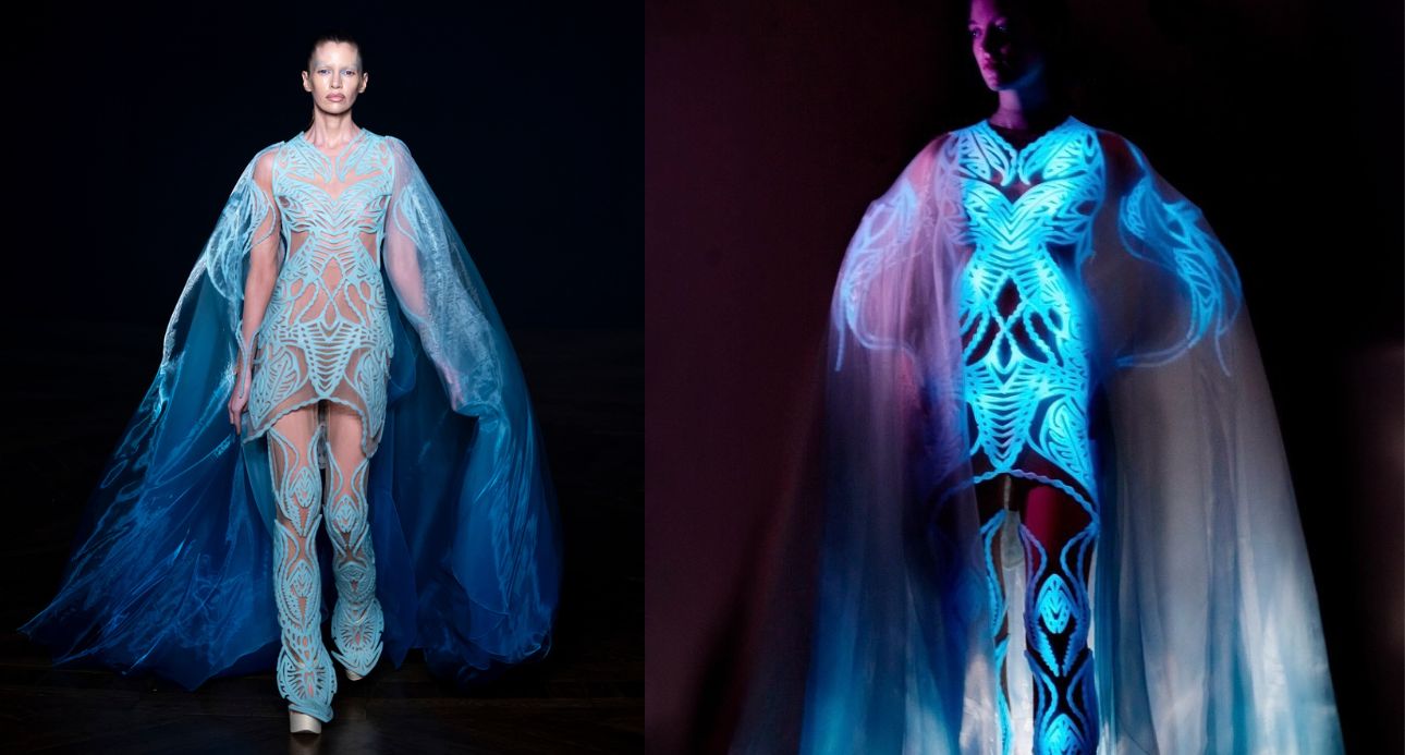【2025-26秋冬高級訂製系列】Iris van Herpen 的衣服是活的，1.25億個螢光藻一碰就會發光