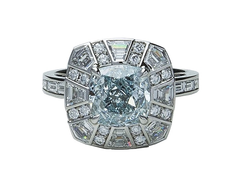 Tiffany 方形改良明亮式切割中彩綠藍鑽鉑金戒指，NT$ 43,660,000。